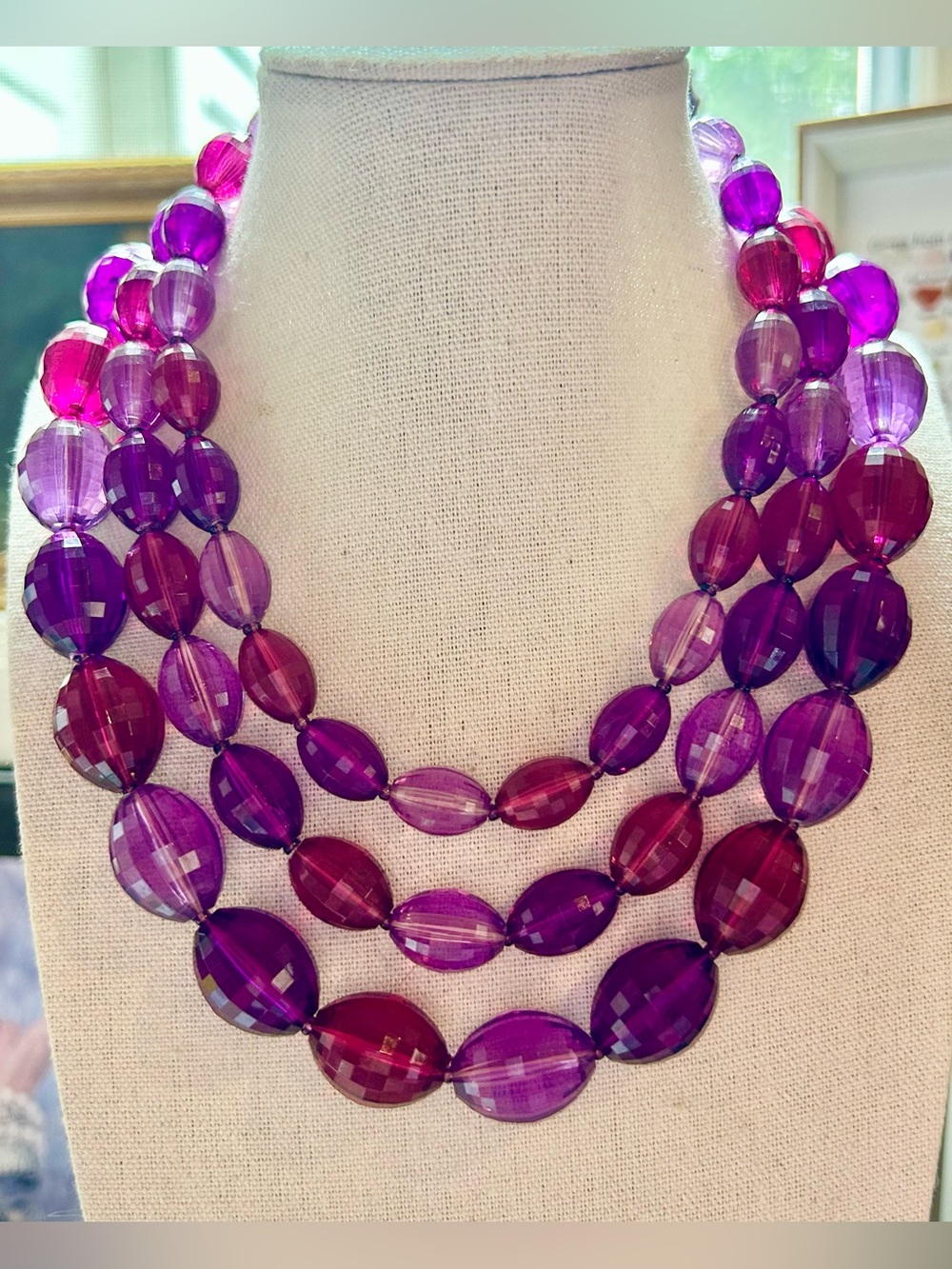 Vintage Faceted Bead Multi 3 Strand Estate Necklace in Shades of Purple